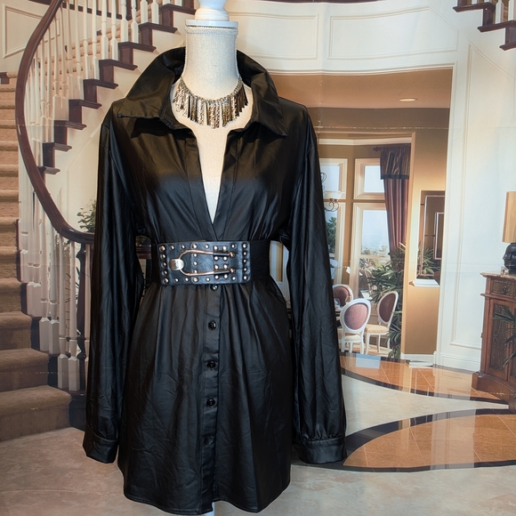 Black Faux Leather Sleek Long Sleeve Low-Cut Mini Shirt Dress - Picture 2 of 7